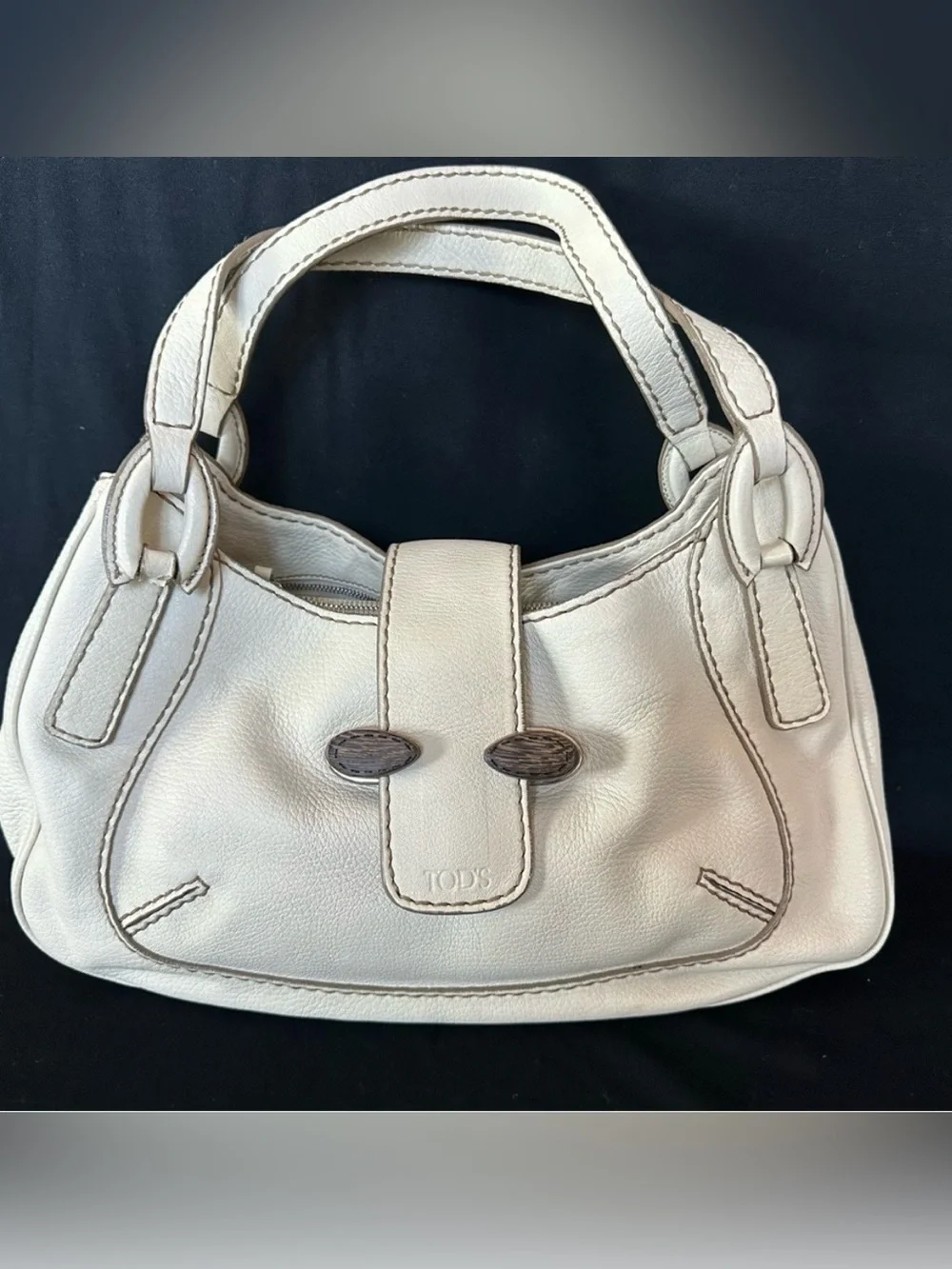Tod's Cream Leather Shoulder Bag with Wood-Tone Accents
